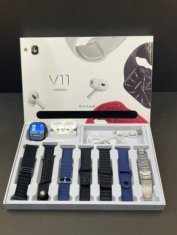 V11 Smart Watch With Airbuds And 7 Straps (High Quality) ⭐